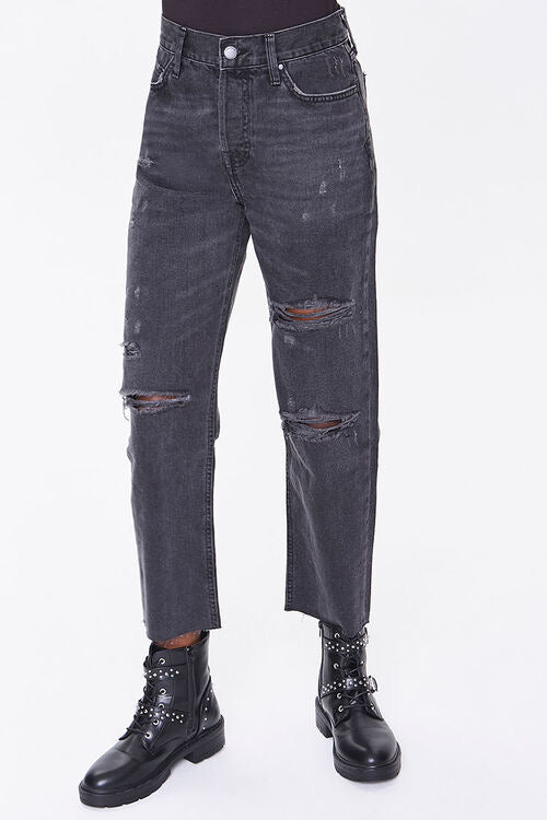 Faded Black Distressed High Waisted Mom Jeans - Forever21