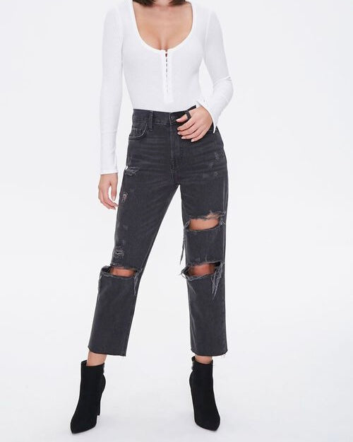 Faded Black Distressed High Waisted Mom Jeans - Forever21