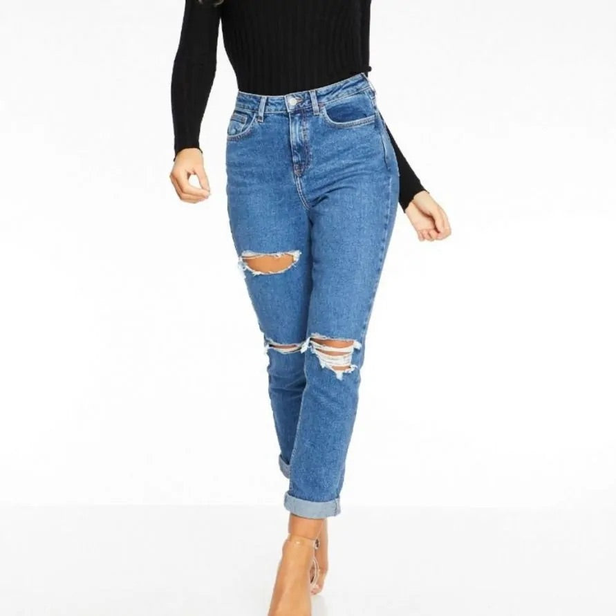 Blue High Waist Ripped  Mom leans - New look