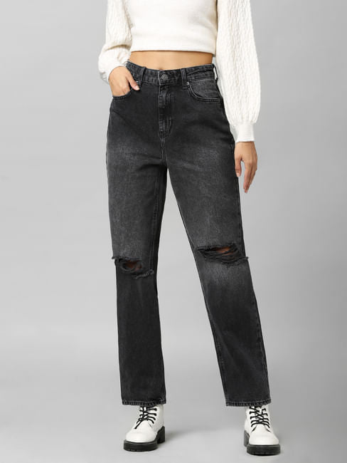 High-Waist Straight-Fit Jeans Destroyed - only