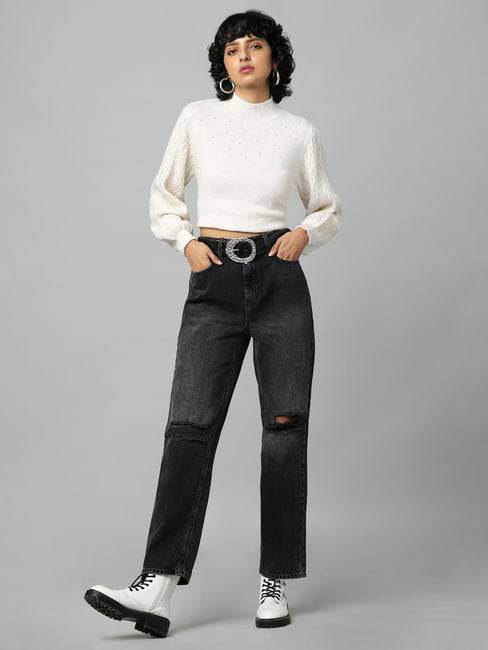 High-Waist Straight-Fit Jeans Destroyed - only