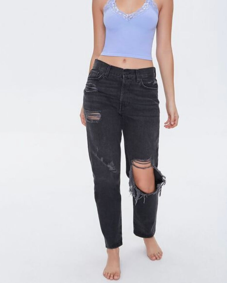 Distressed High-Rise Mom Jeans  - Forever21
