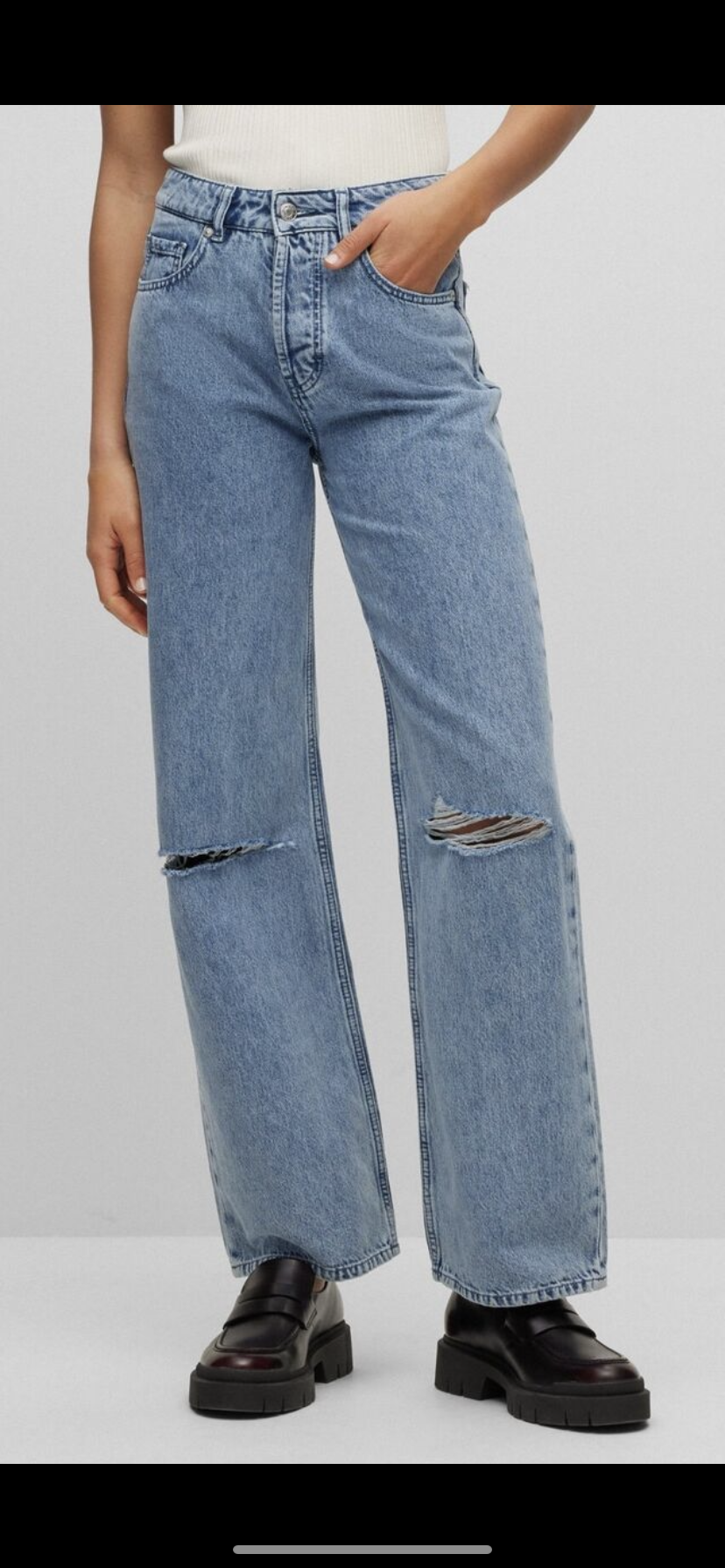 High-waisted, relaxed-fit, wide- leg jeans with ripped details- HUGO
