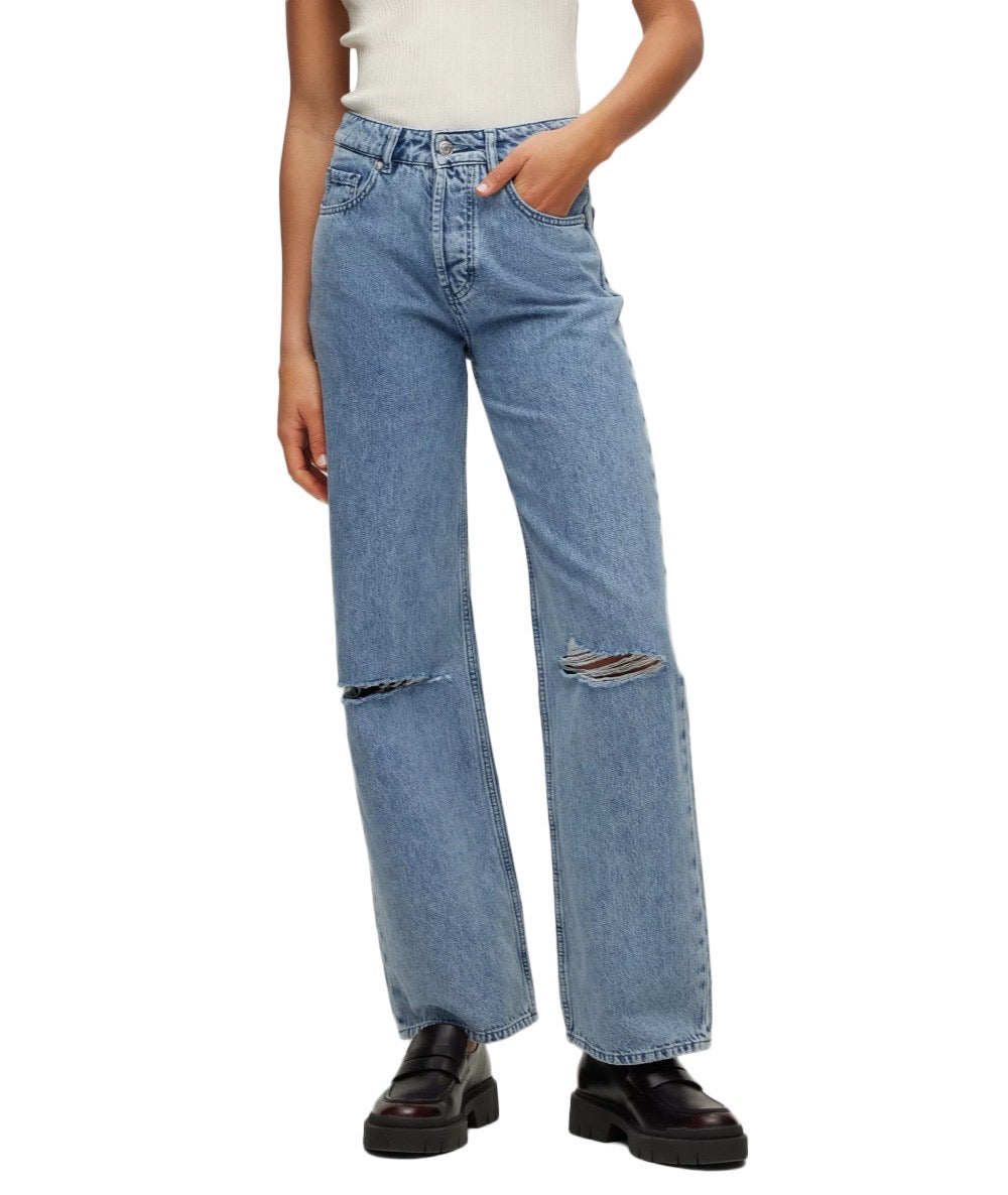 High-waisted, relaxed-fit, wide- leg jeans with ripped details- HUGO