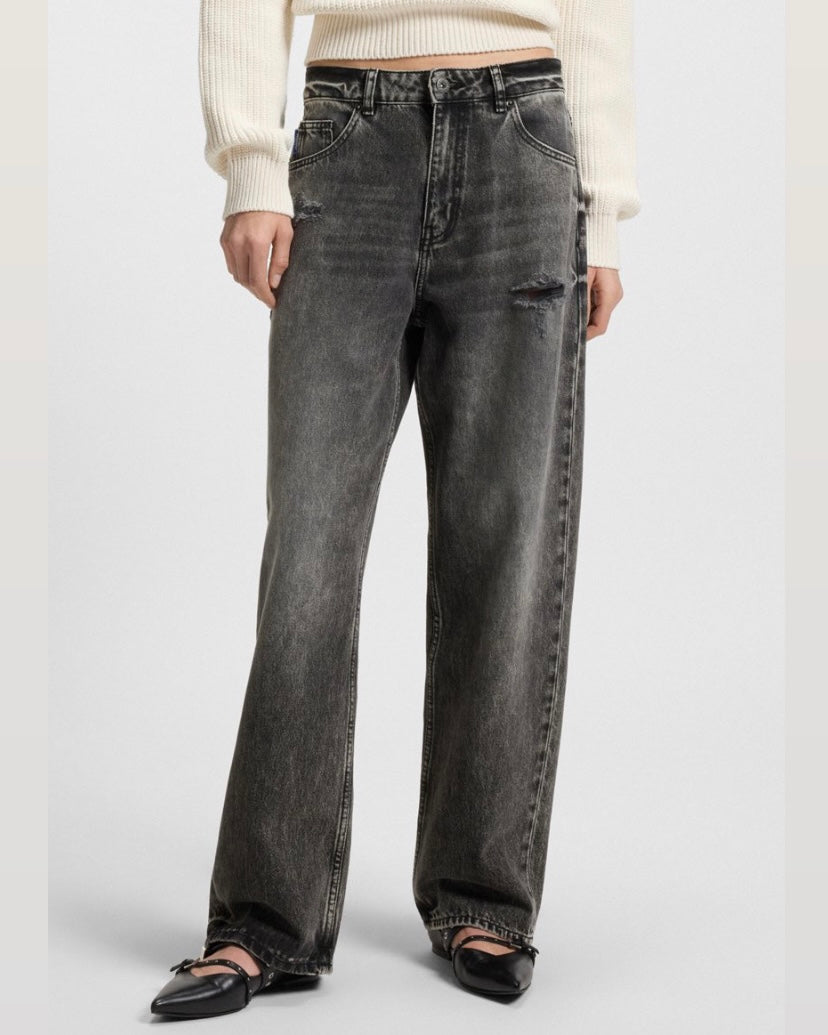 Leni High-waisted, relaxed-fit, wide- leg jeans with ripped details- HUGO
