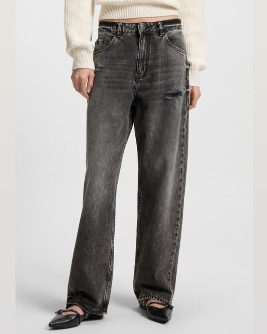 Leni High-waisted, relaxed-fit, wide- leg jeans with ripped details- HUGO