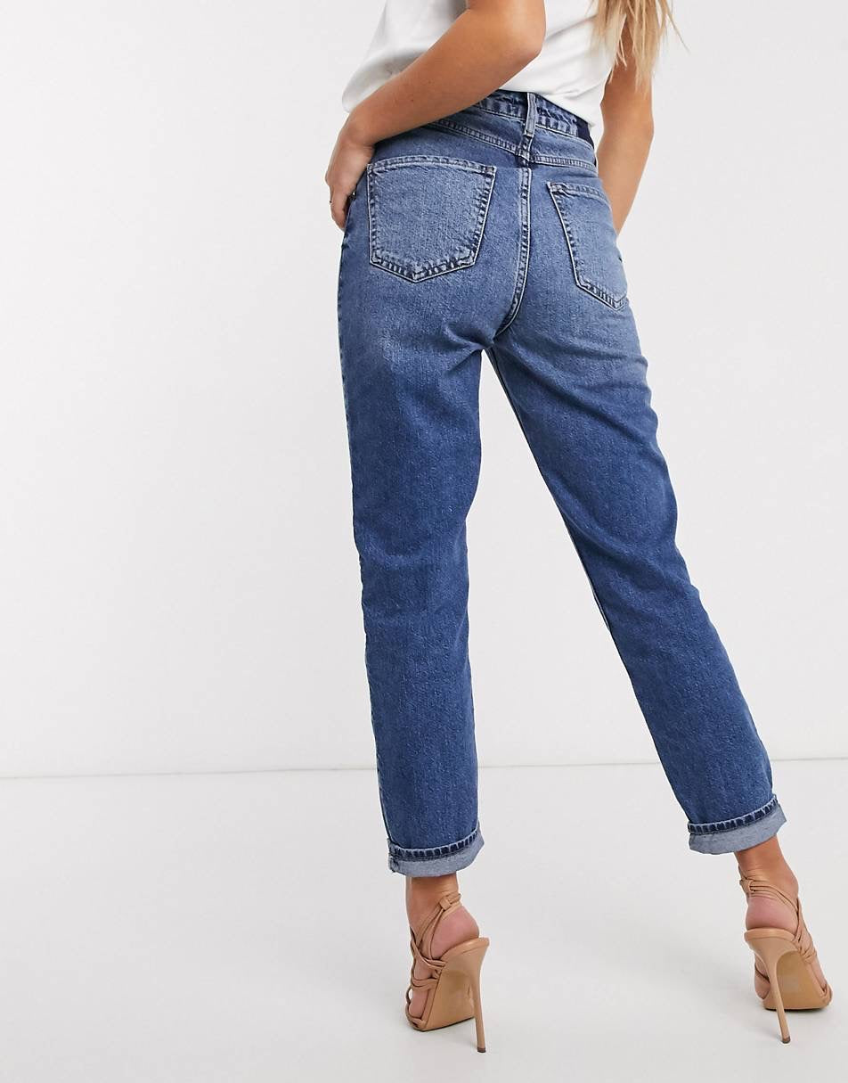 Carrie ripped high rise mom jeans in mid auth blue - River island