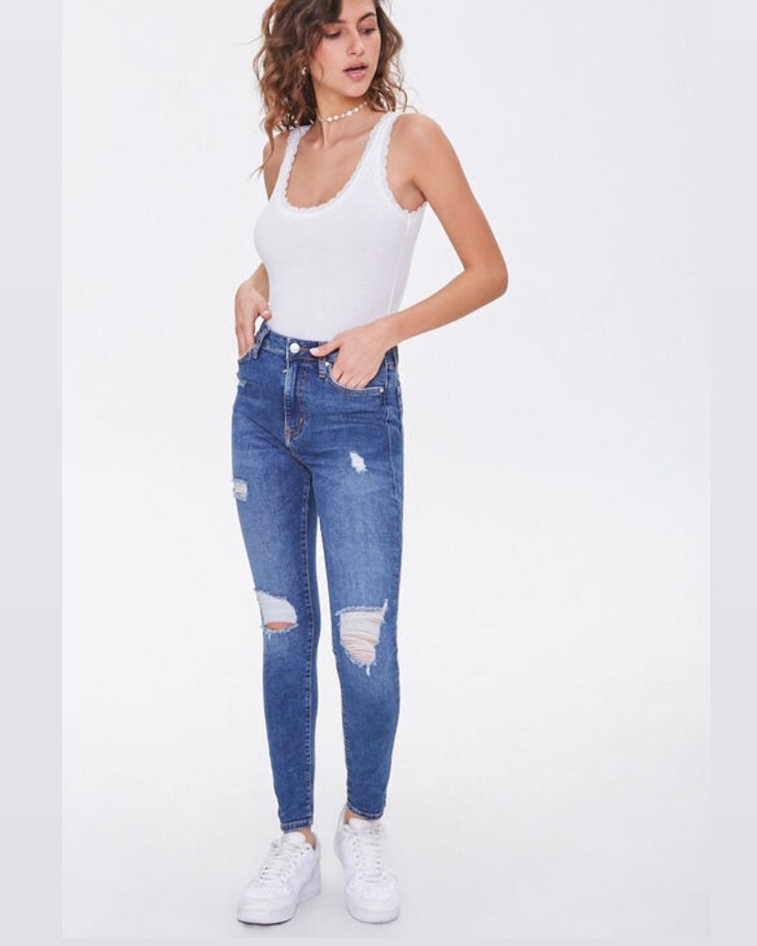 Distressed High- Rise Skinny Jeans - Forever21