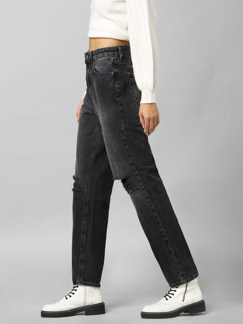 High-Waist Straight-Fit Jeans Destroyed - only
