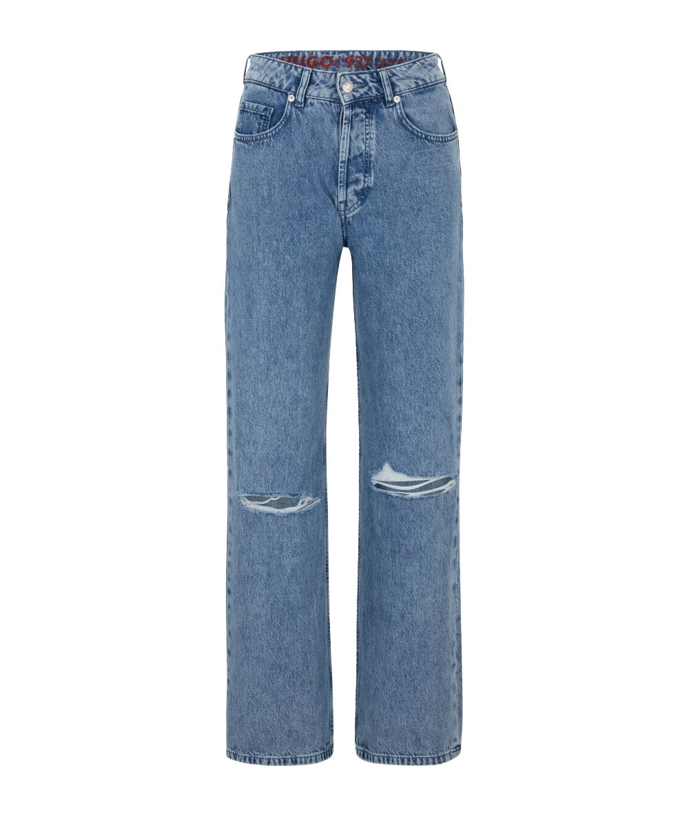 High-waisted, relaxed-fit, wide- leg jeans with ripped details- HUGO