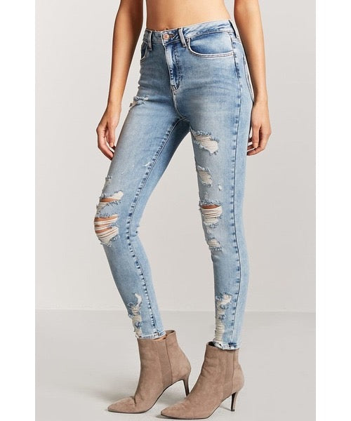 Distressed Mid Rise Skinny Jeans - Forever21
