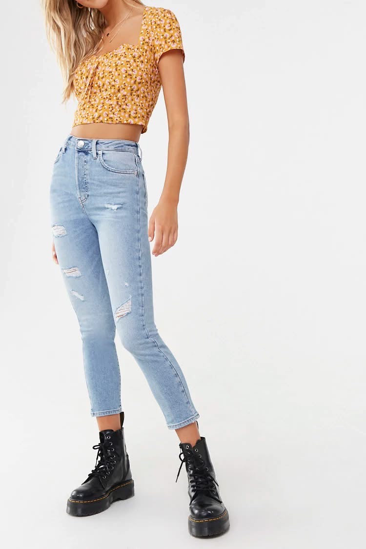 Distressed Ankle Mom Jeans - Forever21