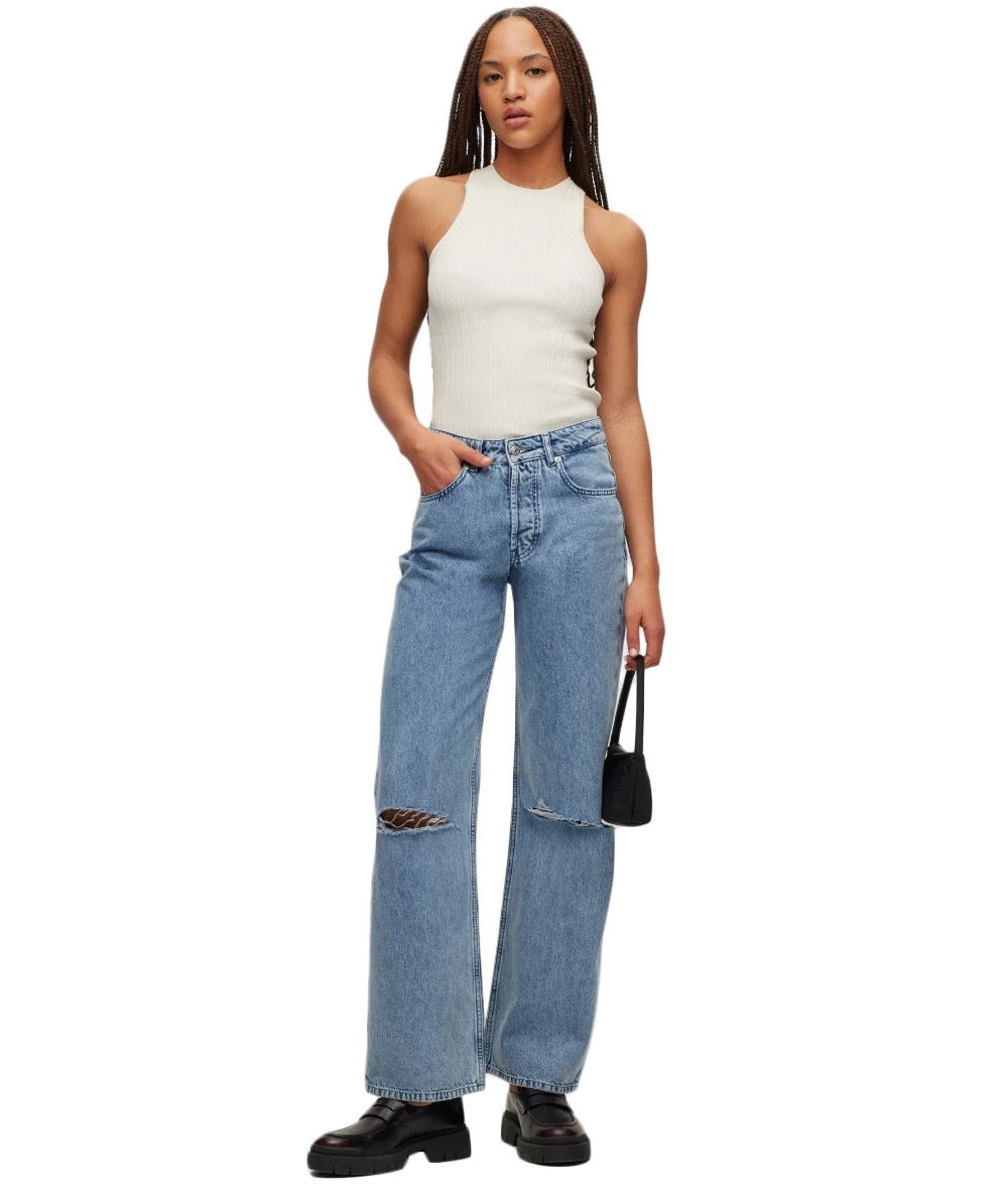 High-waisted, relaxed-fit, wide- leg jeans with ripped details- HUGO