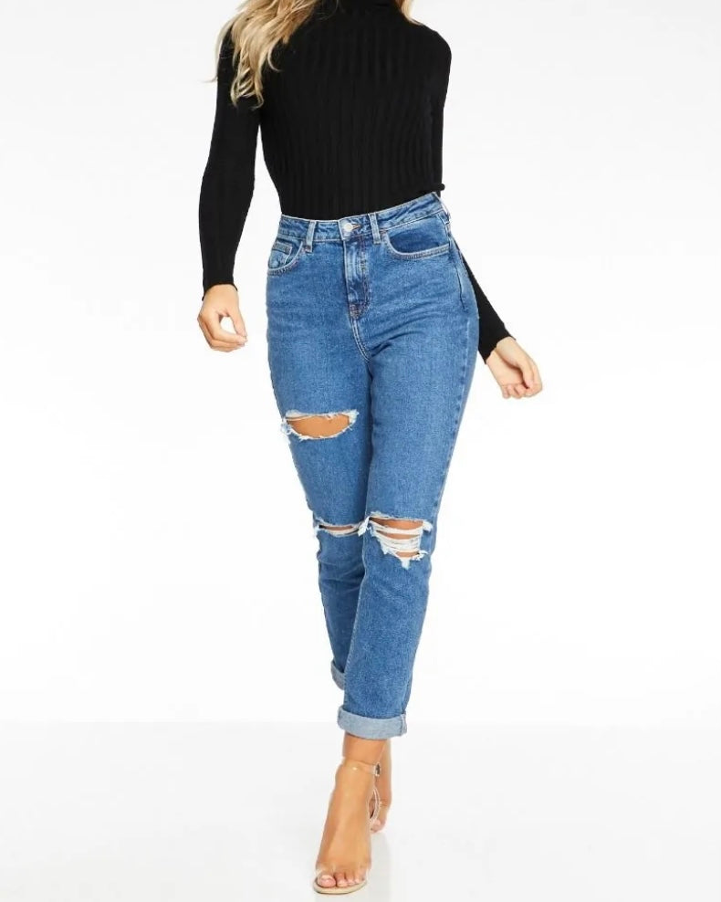 Blue High Waist Ripped  Mom leans - New look