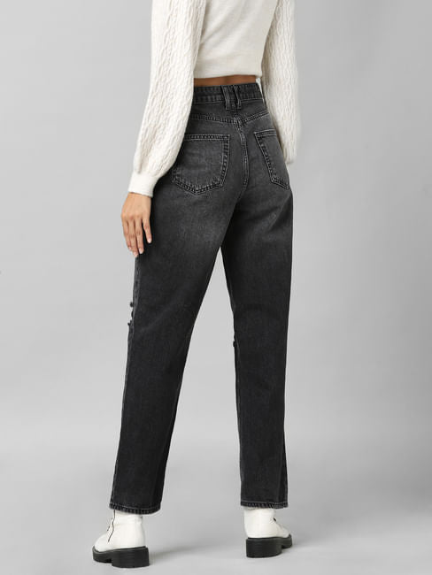 High-Waist Straight-Fit Jeans Destroyed - only